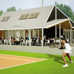 Tennis clubhuis met terras, gezien vanaf de tennisbaan.