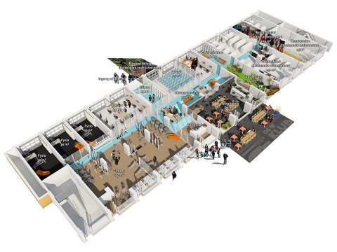 3D plattegrond van een naoorlogse winkelstrip die is herbestemd met onderwijs.