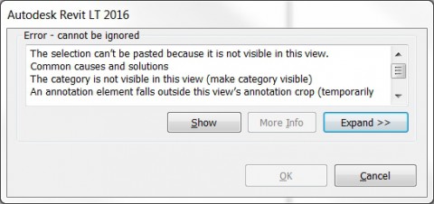 Foutmelding van Revit bij kopiëren van 2D group tussen views.